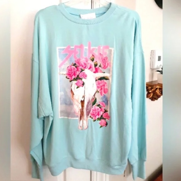 Selkie Blue Crew Neck Sweater with Pink Floral Design - Picture 1 of 7